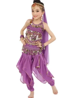 Costume de danse du ventre enfants mousseline jaune Bollywood Costumes de danse indienne Déguisements HalloweenRobe de Princesse Fille Déguisement