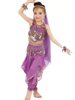 Costume de danse du ventre enfants mousseline jaune Bollywood Costumes de danse indienne Déguisements HalloweenRobe de Princesse Fille Déguisement