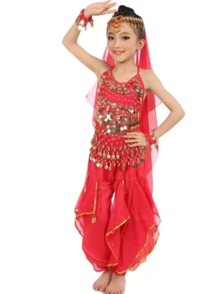 Costume de danse du ventre enfants mousseline jaune Bollywood Costumes de danse indienne Déguisements HalloweenRobe de Princesse Fille Déguisement