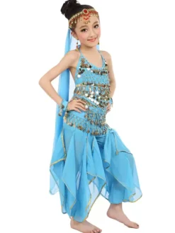 Costume de danse du ventre enfants mousseline jaune Bollywood Costumes de danse indienne Déguisements HalloweenRobe de Princesse Fille Déguisement