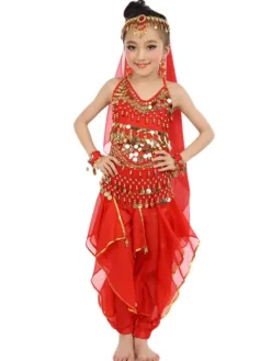 Costume de danse du ventre enfants mousseline jaune Bollywood Costumes de danse indienne Déguisements HalloweenRobe de Princesse Fille Déguisement