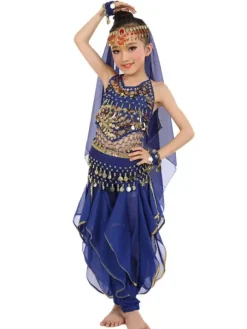 Costume de danse du ventre enfants mousseline jaune Bollywood Costumes de danse indienne Déguisements HalloweenRobe de Princesse Fille Déguisement
