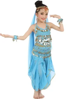Costume de danse du ventre enfants mousseline jaune Bollywood Costumes de danse indienne Déguisements HalloweenRobe de Princesse Fille Déguisement