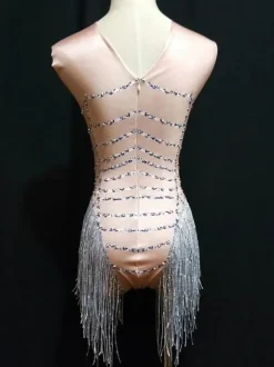 Costume de Danse Jazz Déguisements Halloween Sexy Femmes Perles Glands Mini Combinaisons