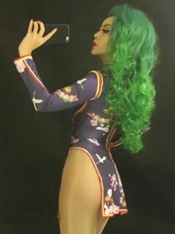 Costume de danse jazz imprimé femmes manches longues Split Cutout robes sexy Déguisements Halloween