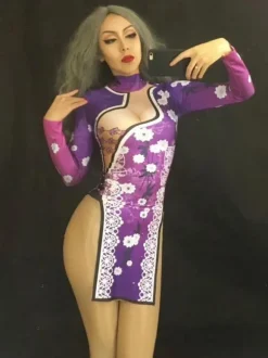 Costume de danse jazz imprimé femmes manches longues Split Cutout robes sexy Déguisements Halloween
