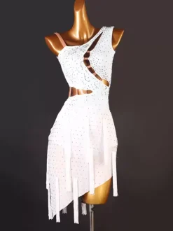 Costume de danse latine blanc femmes paillettes asymétrique Sexy Lycra Spandex robe vêtements de danse