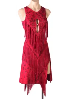 Costume de danse latine Bourgogne Femme Polyester Robe Dossier Sexy Frange Strass Strass Latin Dancer Dancing Porter