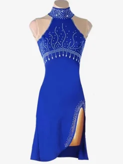 Costume de danse latine Costume Blue Women's Strass High-Slit Bullon Sexy Polyester Robe De Danse Costume