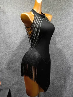 Costume de danse latine Femme Noir Frange Femme Volongé Bullon Sexy Polyester Robe Danse Porter