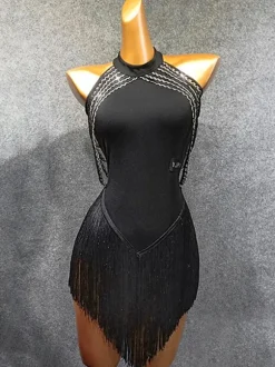Costume de danse latine Femme Noir Frange Femme Volongé Bullon Sexy Polyester Robe Danse Porter