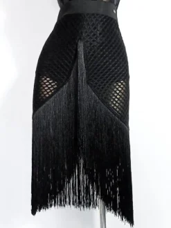 Costume De Danse Latine Jupe Argentée Femmes Sexy Frange Maille
