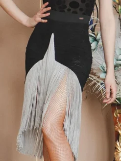 Costume De Danse Latine Jupe Argentée Femmes Sexy Frange Maille