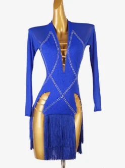 Costume De Danse Latine Manches Longues Robe Fendue Robe Lycra Spandex Bleu Royal Pour Femmes Vêtements De Danse