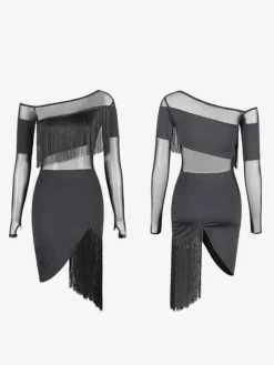 Costume De Danse Latine Noir Femmes Ensemble À Franges Robe Sexy Frange