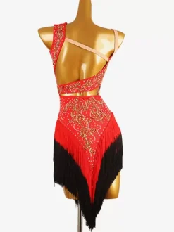Costume de danse latine noir pour femmes robe en Lycra et Spandex dos nu Sexy franges et strass Costume de danseuse latine