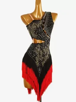 Costume de danse latine noir pour femmes robe en Lycra et Spandex dos nu Sexy franges et strass Costume de danseuse latine