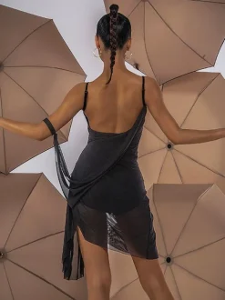 Costume de danse latine noir pour femmes ensemble plissé à épaules ouvertes robe élégante en Polyester Costume de danse