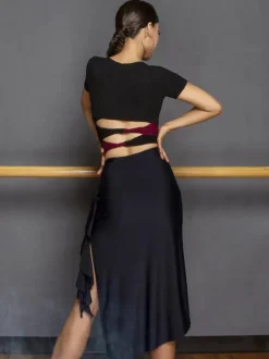 Costume de danse latine noir pour femmes ensemble asymétrique jupe élégante en Polyester haut Costume de danse