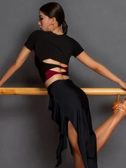 Costume de danse latine noir pour femmes ensemble asymétrique jupe élégante en Polyester haut Costume de danse