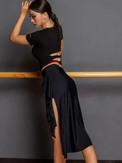Costume de danse latine noir pour femmes ensemble asymétrique jupe élégante en Polyester haut Costume de danse