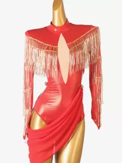 Costume de danse latine rouge pour femmes robe asymétrique en Lycra et spandex à franges vêtements de danse