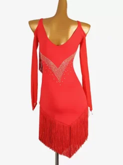 Costume de danse latine rouge Ture robe en Lycra et Spandex pour femmes Costume de danse latine élégant à franges