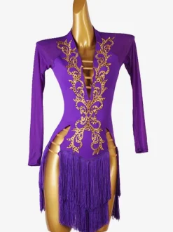 Costume De Danse Latine Robe Manches Longues Sexy En Lycra Et Élasthanne Pour Femme Bordeaux