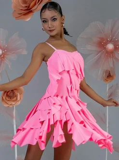 Costume de danse latine rose pour femmes ensemble superposé de volants robe élégante en Polyester Costume de danse
