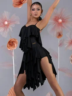 Costume de danse latine rose pour femmes ensemble superposé de volants robe élégante en Polyester Costume de danse