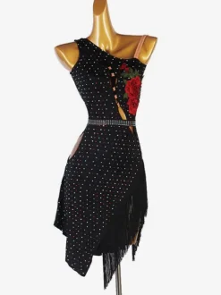 Costume de danse latine robe noire en lycra spandex pour femmes vêtements de danse