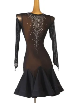Costume de danse latine Robe en polyester pour femmes noires Sexy Strass Danseuse latine Costume de danse