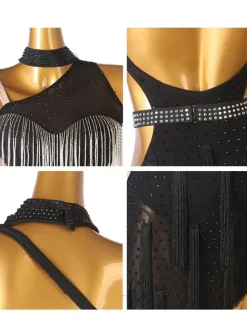 Costume de danse latine strass de femmes noires marginales sans dos bodycone robe polyester sexy costume de danse