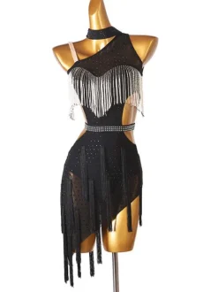 Costume de danse latine strass de femmes noires marginales sans dos bodycone robe polyester sexy costume de danse