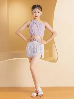 Costume de danse latine violet pour femme ensemble deux pièces avec jupe à franges.