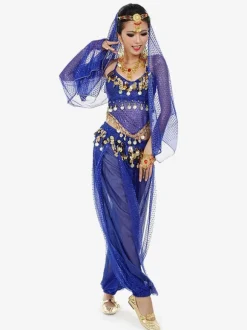 Costume de danse sans manches en mousseline de soie bleue pour femmes  tenue de danse du ventre