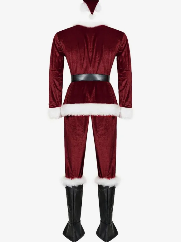Costume De Père Noël Hommes Ensemble Complet Rouge Polyester Fibre Chapeau Gants Costumes De Vacances De Noël Cadeau Noël Déguisement