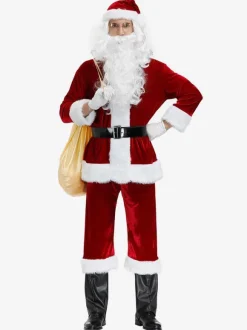 Costume De Père Noël Hommes Ensemble Complet Rouge Polyester Fibre Chapeau Gants Costumes De Vacances De Noël Cadeau Noël Déguisement