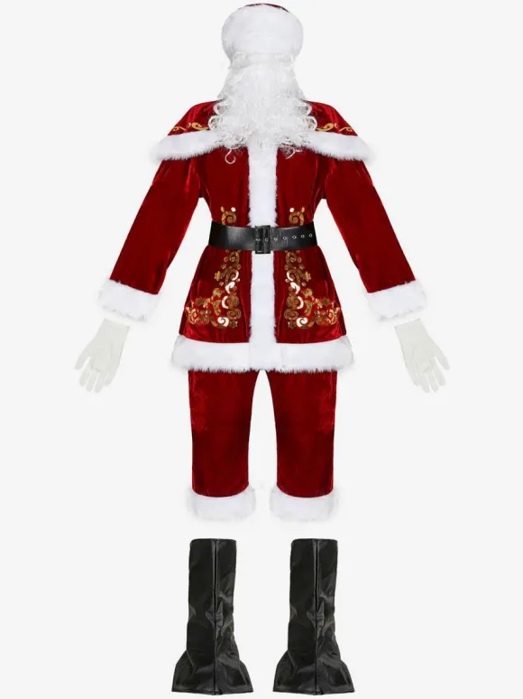 Costume De Père Noël Hommes Ensemble Rouge Polyester Fibre Chapeau Gants Costumes De Vacances De Noël Cadeau Noël Déguisement