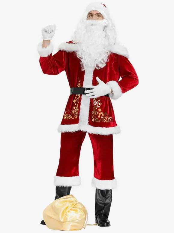 Costume De Père Noël Hommes Ensemble Rouge Polyester Fibre Chapeau Gants Costumes De Vacances De Noël Cadeau Noël Déguisement