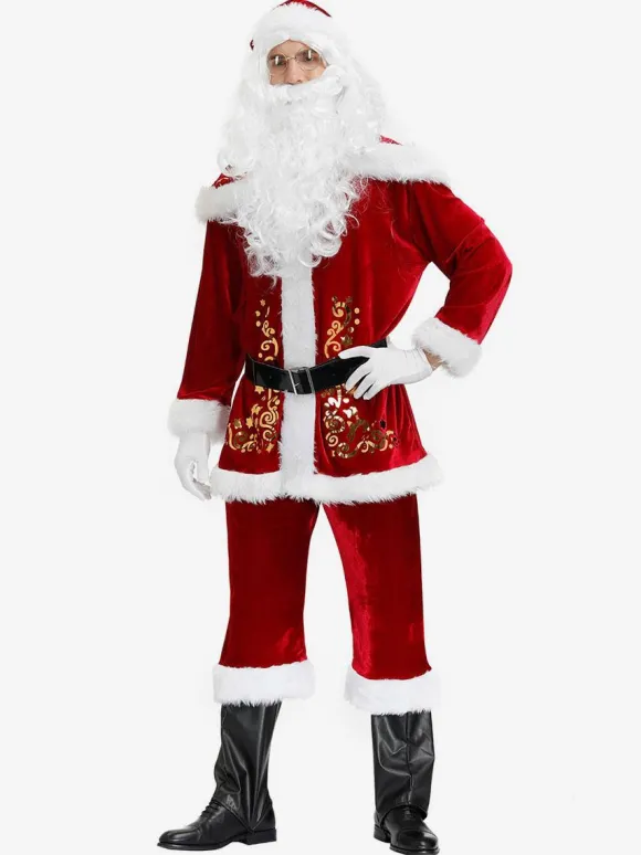 Costume De Père Noël Hommes Ensemble Rouge Polyester Fibre Chapeau Gants Costumes De Vacances De Noël Cadeau Noël Déguisement