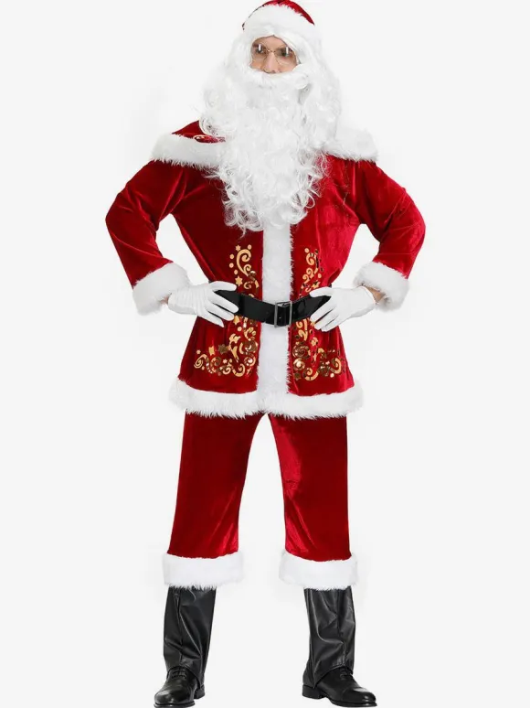 Costume De Père Noël Hommes Ensemble Rouge Polyester Fibre Chapeau Gants Costumes De Vacances De Noël Cadeau Noël Déguisement