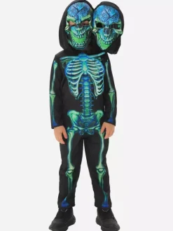 Costume de squelette d'Halloween pour enfants masque à deux têtes et combinaison tenue de scène