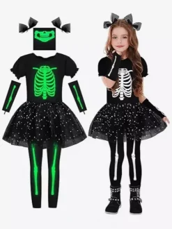 Costume de squelette d'Halloween pour fille tenue mignonne et effrayante pour la chasse aux bonbons