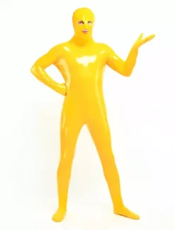 Costume de zentai jaune de combinaison de PVC yeux ouverts et bouche ouverte Déguisements Halloween