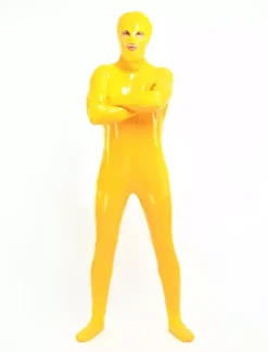 Costume de zentai jaune de combinaison de PVC yeux ouverts et bouche ouverte Déguisements Halloween