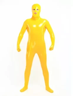Costume de zentai jaune de combinaison de PVC yeux ouverts et bouche ouverte Déguisements Halloween
