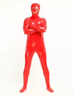 Costume de zentai rouge de combinaison de PVC yeux ouverts et bouche ouverte Déguisements Halloween
