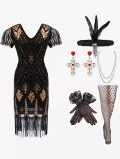 Costume Des Années 1920 Paillettes Dorées Frange Ensemble Élégant Robe Vintage Bourgogne