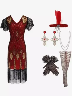 Costume Des Années 1920 Paillettes Dorées Frange Ensemble Élégant Robe Vintage Bourgogne